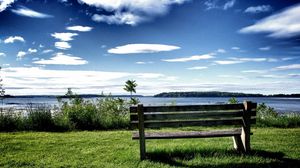 Preview wallpaper bench, lake, grass, shadow