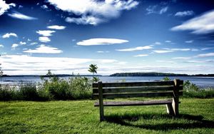 Preview wallpaper bench, lake, grass, shadow