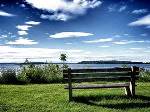 Preview wallpaper bench, lake, grass, shadow