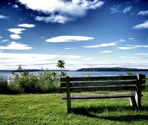 Preview wallpaper bench, lake, grass, shadow