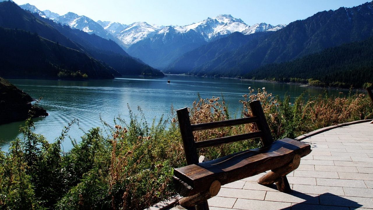 Wallpaper bench, lake, mountains, vegetation, shade