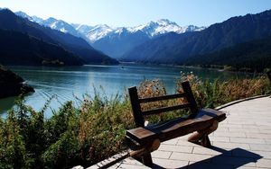 Preview wallpaper bench, lake, mountains, vegetation, shade