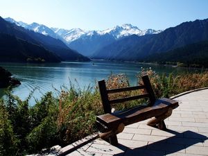 Preview wallpaper bench, lake, mountains, vegetation, shade