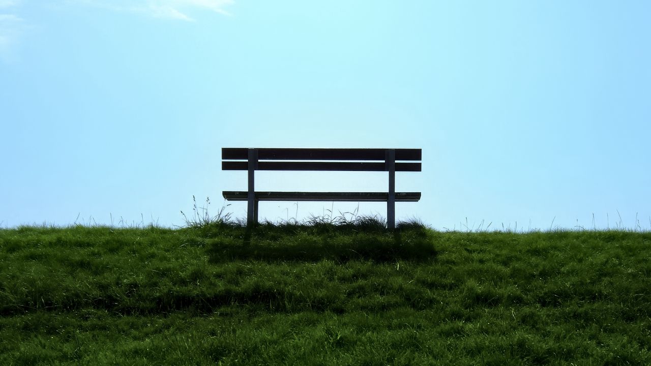 Wallpaper bench, lawn, grass, green, minimalism