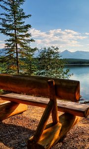 Preview wallpaper bench, logs, lake, coast, trees