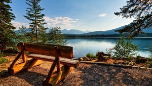 Preview wallpaper bench, logs, lake, coast, trees