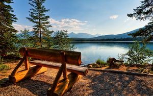 Preview wallpaper bench, logs, lake, coast, trees