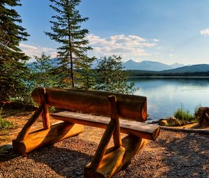 Preview wallpaper bench, logs, lake, coast, trees