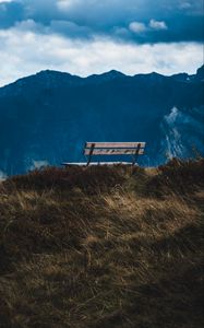 Preview wallpaper bench, mountain, grass, landscape, view