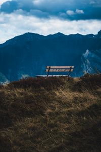 Preview wallpaper bench, mountain, grass, landscape, view