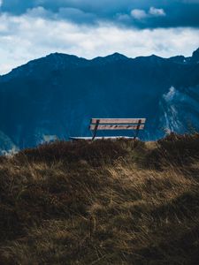 Preview wallpaper bench, mountain, grass, landscape, view