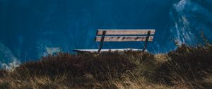 Preview wallpaper bench, mountain, grass, landscape, view