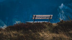 Preview wallpaper bench, mountain, grass, landscape, view