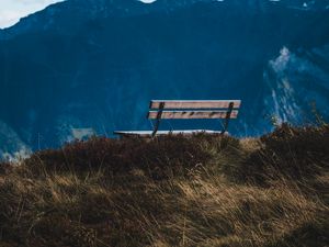 Preview wallpaper bench, mountain, grass, landscape, view