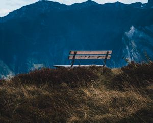 Preview wallpaper bench, mountain, grass, landscape, view