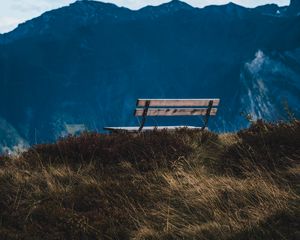 Preview wallpaper bench, mountain, grass, landscape, view