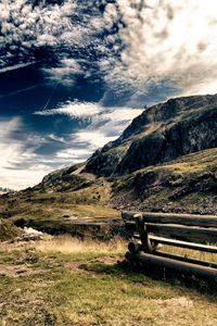 Preview wallpaper bench, mountains, sky, clouds, air, paints, colors