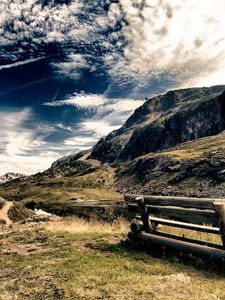 Preview wallpaper bench, mountains, sky, clouds, air, paints, colors