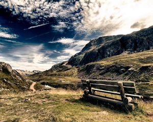 Preview wallpaper bench, mountains, sky, clouds, air, paints, colors