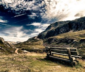 Preview wallpaper bench, mountains, sky, clouds, air, paints, colors