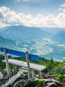 Preview wallpaper bench, mountains, view, clouds