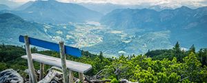 Preview wallpaper bench, mountains, view, clouds