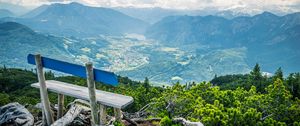 Preview wallpaper bench, mountains, view, clouds