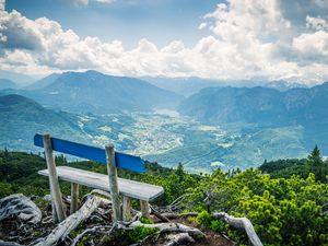 Preview wallpaper bench, mountains, view, clouds
