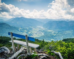 Preview wallpaper bench, mountains, view, clouds