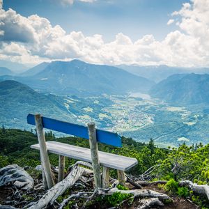Preview wallpaper bench, mountains, view, clouds