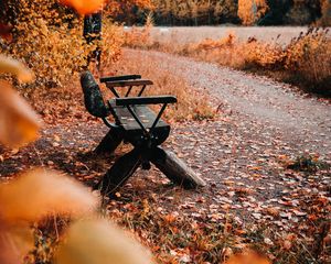 Preview wallpaper bench, nature, autumn, leaves, foliage, yellow