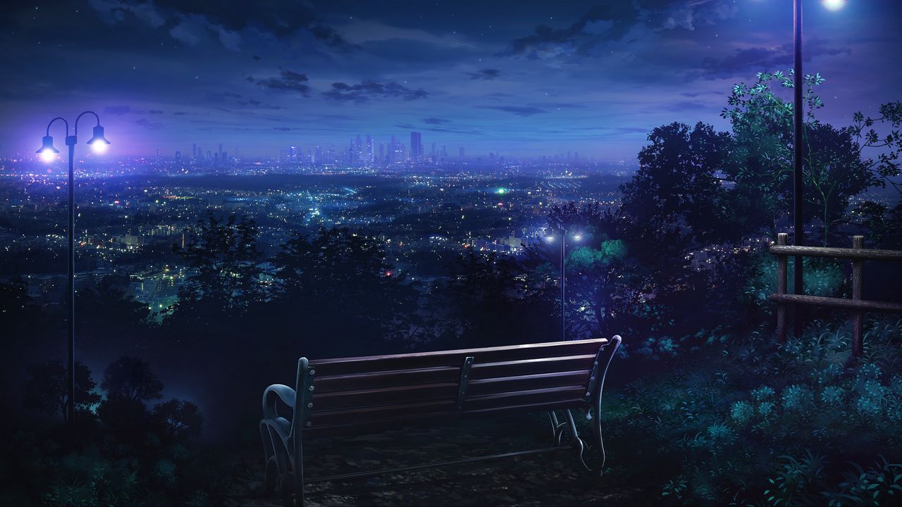 Wallpaper bench, night city, overview