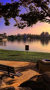 Preview wallpaper bench, park, lake, coast, stones, evening, lawn