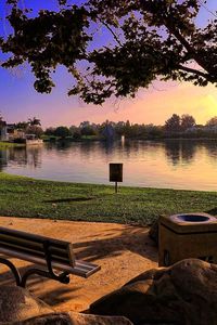 Preview wallpaper bench, park, lake, coast, stones, evening, lawn