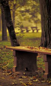 Preview wallpaper bench, park, leaves, autumn, trees, loneliness