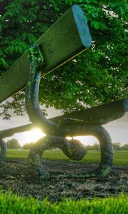 Preview wallpaper bench, park, tree, clouds, sun, evening