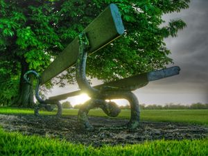 Preview wallpaper bench, park, tree, clouds, sun, evening