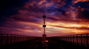 Preview wallpaper bench, pier, sea, evening, decline, sky
