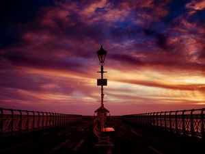 Preview wallpaper bench, pier, sea, evening, decline, sky