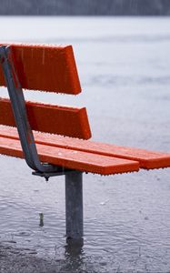 Preview wallpaper bench, rain, downpour, puddles