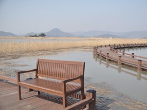 Preview wallpaper bench, river, grass, bay