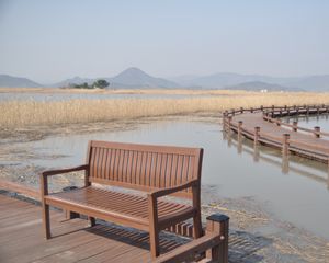 Preview wallpaper bench, river, grass, bay