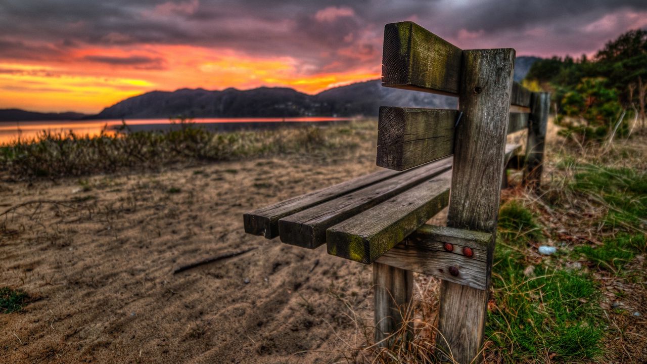 Wallpaper bench, sand, evening, romanticism, decline, lake, grass, nails