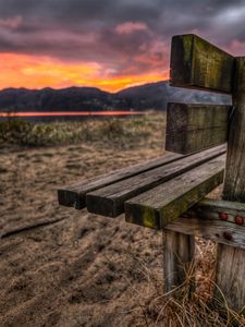 Preview wallpaper bench, sand, evening, romanticism, decline, lake, grass, nails