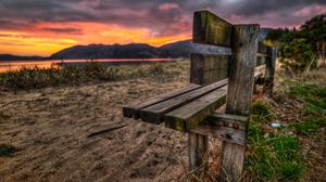 Preview wallpaper bench, sand, evening, romanticism, decline, lake, grass, nails