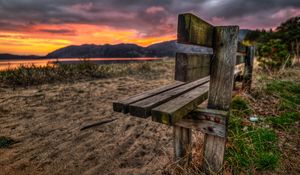 Preview wallpaper bench, sand, evening, romanticism, decline, lake, grass, nails