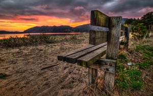 Preview wallpaper bench, sand, evening, romanticism, decline, lake, grass, nails