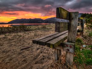 Preview wallpaper bench, sand, evening, romanticism, decline, lake, grass, nails