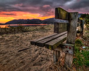 Preview wallpaper bench, sand, evening, romanticism, decline, lake, grass, nails