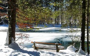 Preview wallpaper bench, spring, coast, lake, ice, thawing, snow, trees
